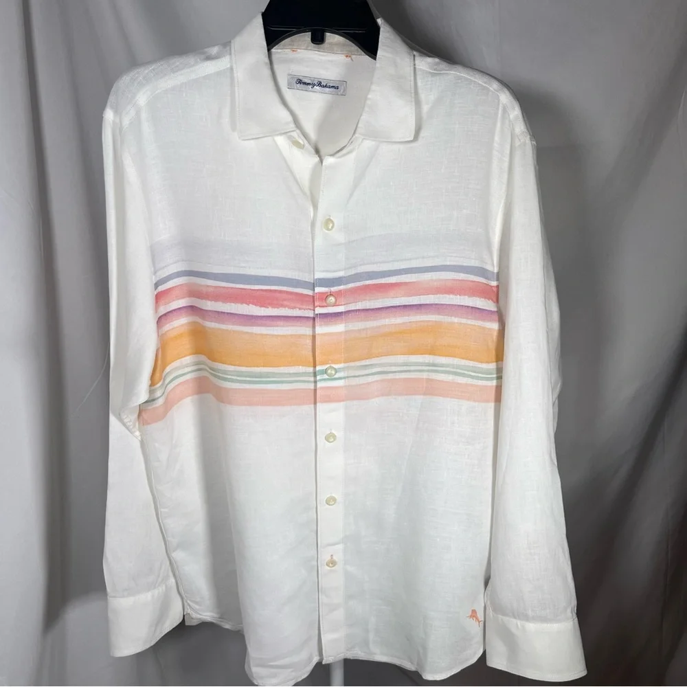 Tommy Bahama Men's Stripe-Print Long Sleeve Linen Shirt White Medium‎ Beach